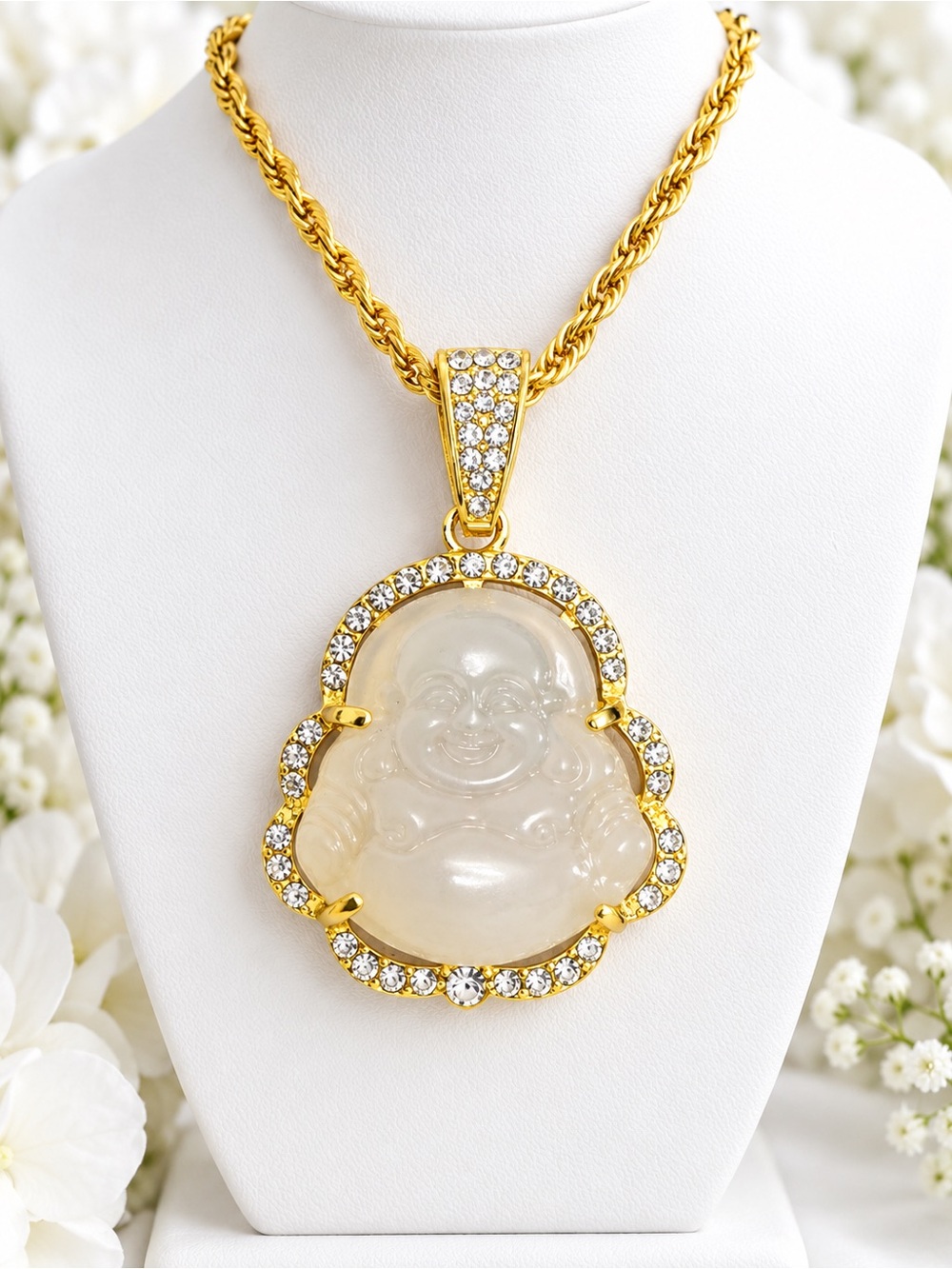 Gold Buddha Jade Pendant Necklace - White Jade Buddha Pendant by - Picture 2 of 6